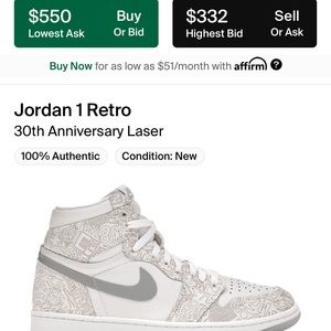 30 yr anniversary laser Jordan 1 high box replacement great condition